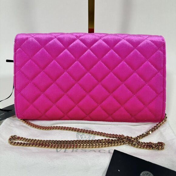 Versace Medusa Velvet Quilted Leather Wallet On Chain Clutch Fuchsia Pink NWT - Picture 3 of 12